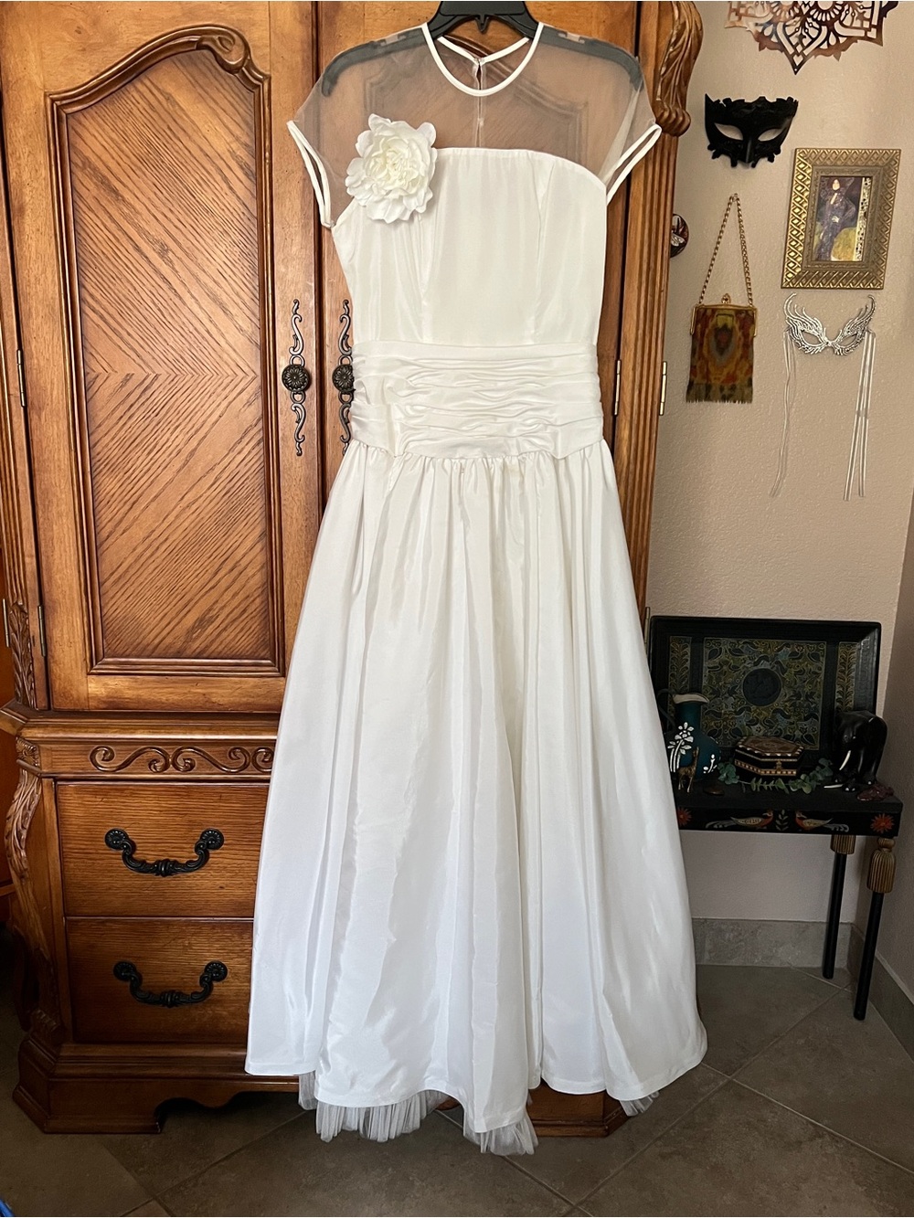 White Sheer Yoke A-Line Dress with Floral Accent